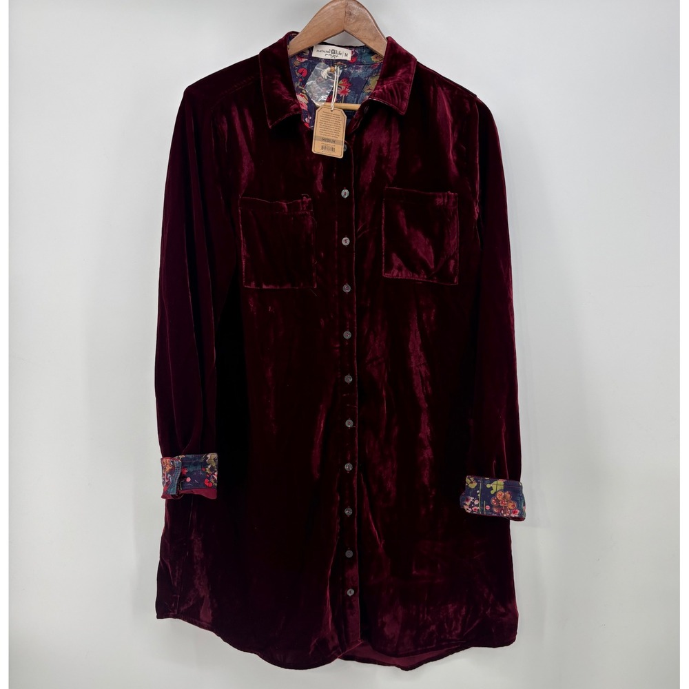 Natural Life Rocky Velvet Button Front Shirt Dress Women's Medium Burgundy NWT